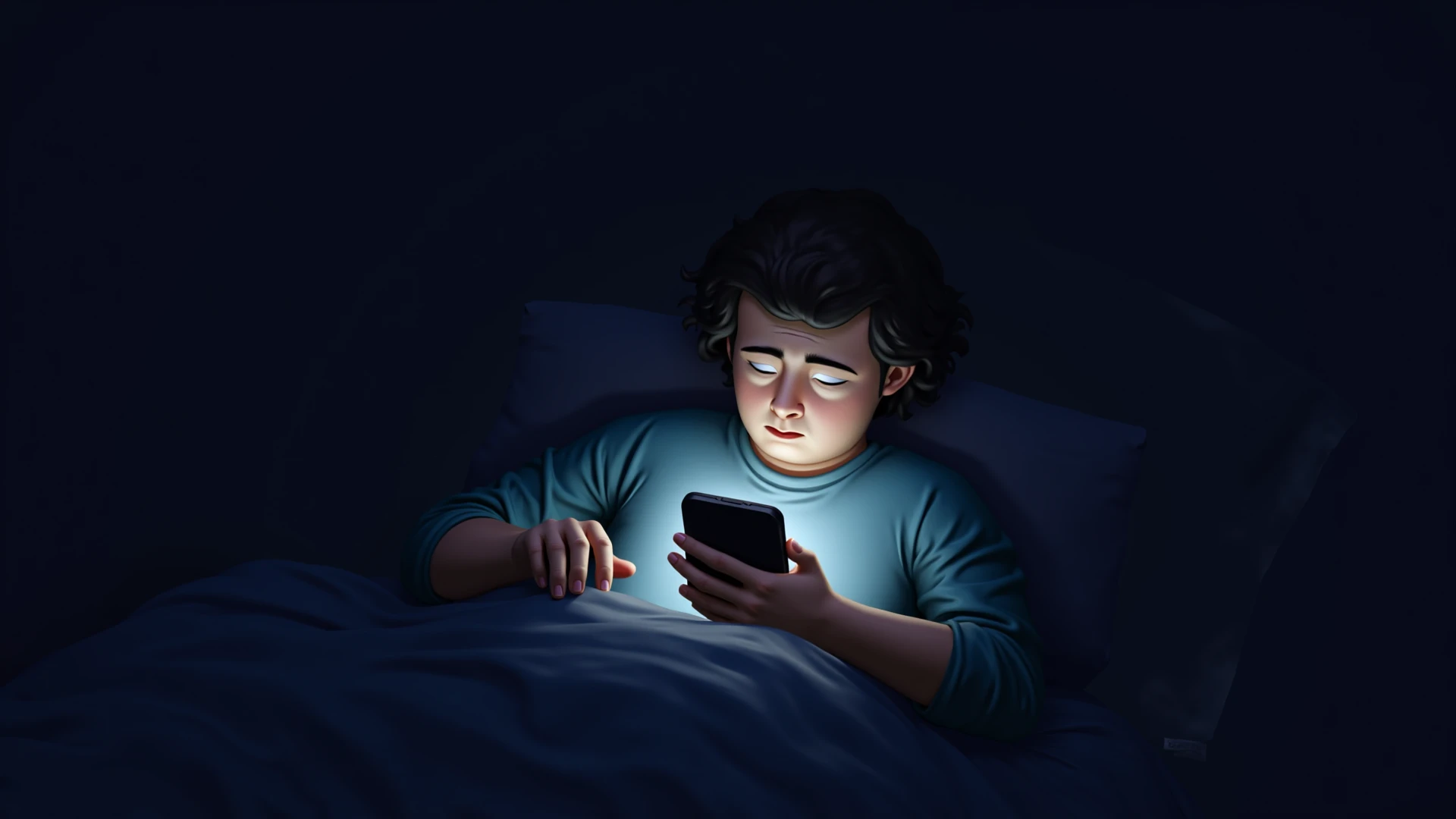 Drawing of a boy , sad with his phone in his hand in his room at night 
