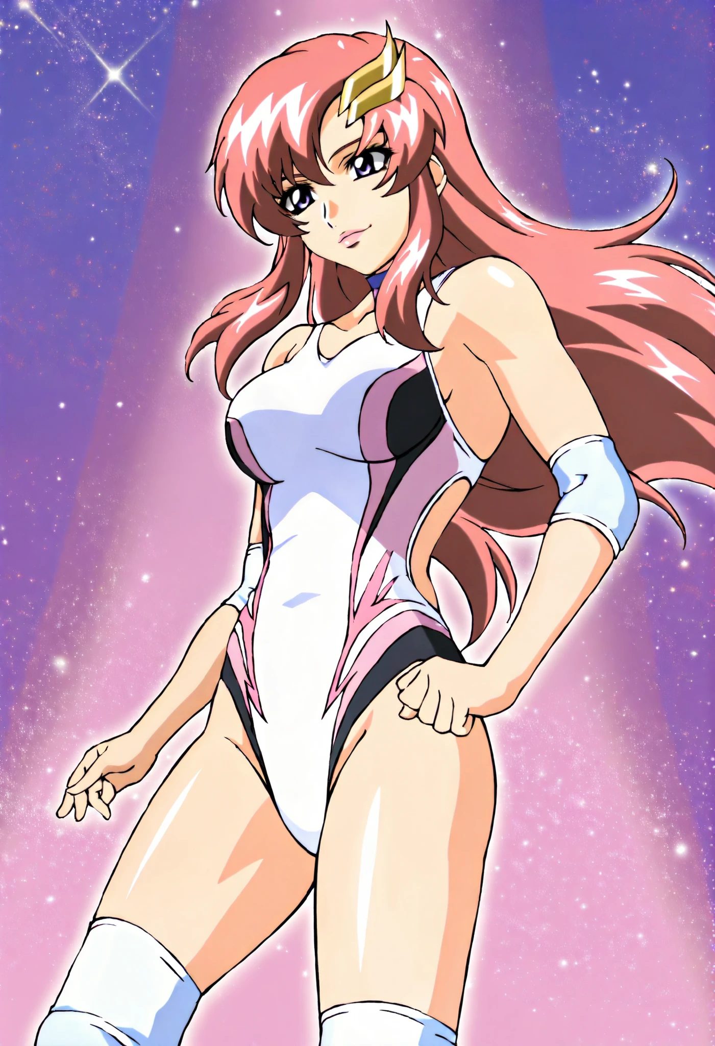 (masterpiece, 4K, Best Quality, Anime style: 1.9, bold drawing lines, High color saturation, Detailed face, tall, Adult Woman, lovely, (cloud background), Drawing lines, high resolution, Anime, lacus4), 1girl in, Solo, curvy figure, Long hair, 鎖骨, scapular, Wavy Hair, Detailed wide hair bangs, Hair Ornament, Detailed reddish-pink hair, , large hands, Big blue eyes, Smile, closed mouth, (Very confident), ((closed fists)), (laughing, open mouth), ((medium breasts)nk strapless wrestling leotard only), (wrestling long boots), bare thighs, groin lines, strong arms, biceps, rib lines, ((lean forward)), legs, standing, (hands on hips), happy, bare shoulders, (navel), pink elbow pads