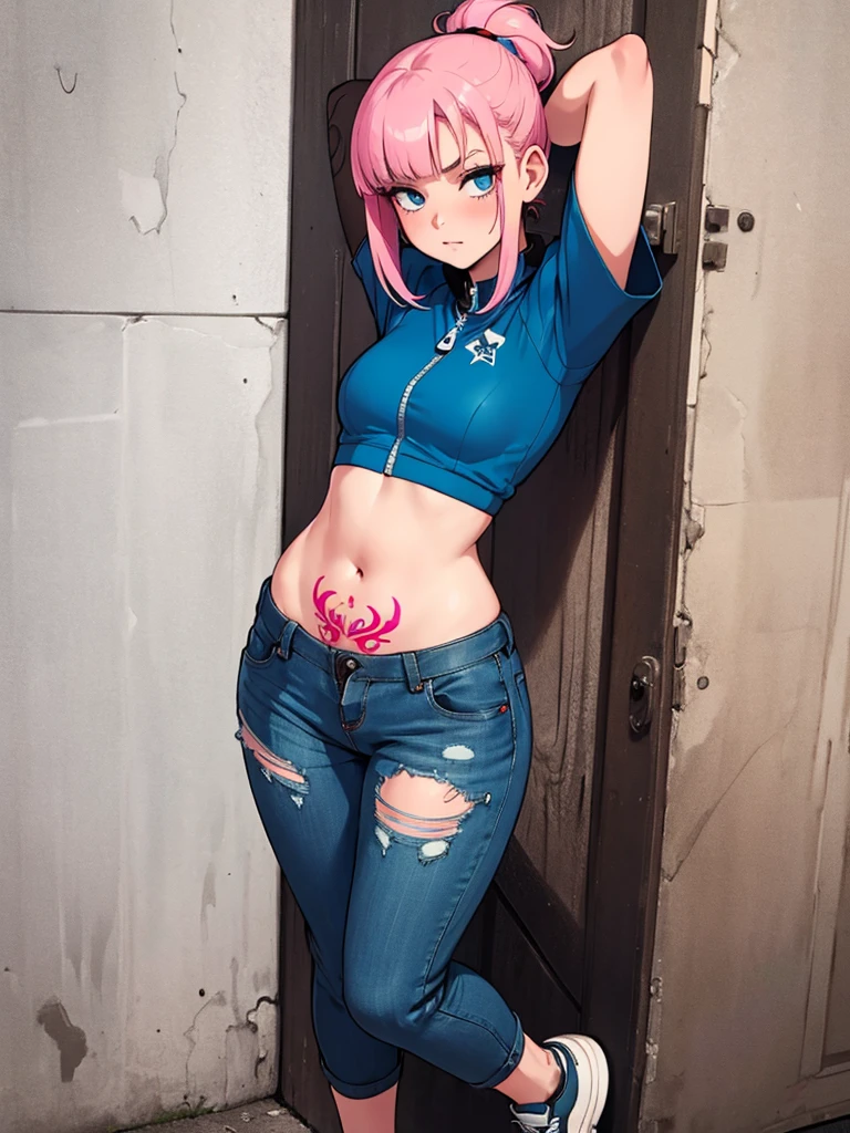 (absurdres, 8k, 4k, masterpiece, hyper extreme detailed:1.2), solo, 1girl, front view, portrait, best quality, perfect face, 1girl, portrait, solo, standing, Female, toned body, mature female, EJP breasts, , long hair, delinquent, sarcastic, swept bangs, midriff, exposed collarbone, exposed left shoulder, standing up, half body, shorts, bound, bondage, (arms behind back:1.4), bdsm, restrained,