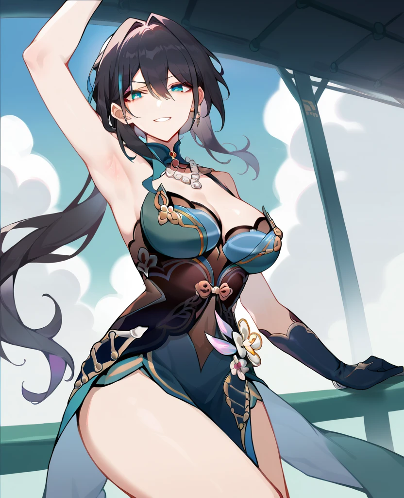 masterpiece, best quality, beautiful art, high resolution, well formed hands, body and fingers, 1 woman, solo, Xianyun,big breasted, cleavage, full body, , wearing a Mata Hari outfit, sexy and skimpy arabian belly dancer outfit, sexy arabian belly dancer, long hair, hair ornament, gorgeous legs and thighs, she is fighting in a combat match at a martial arts tournament, she is getting ready to fight, making her guard pose, action and fighting scene, about to hit the viewer, looking at the viewer, sweating , feeling confident and proud, smiling joyfully and happily, charming her opponent with her beauty, bouncing breasts, fighting scene, martial arts tournament on the beach