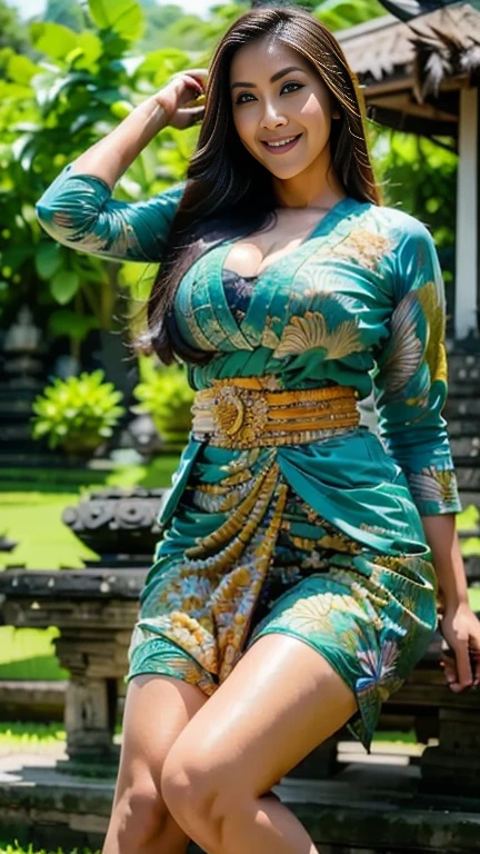 masterpiece, malaysian girl, indonesian girl ,ultra realistic,32k,intricate details, sharp focus, realistic, closed, seductive pose, black eyes, jewelr, lips, realistic, looking_at_viewer, wet skin, shiny skin, SHORT SLEVES, indonesian clothes, bali, balinese, cityscape, transparent standing pose,(( green kebaya)),full body,busty body,curvy body,long hair,beauty face,cowboy shot,