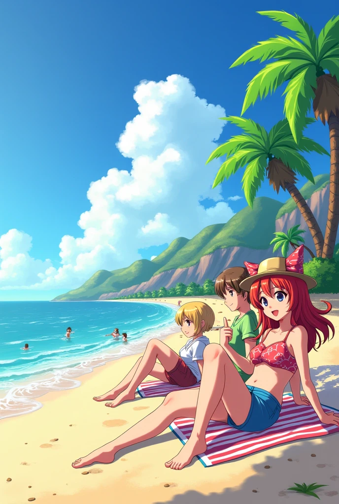 One piece anime having fun with a girl at the beach drinking