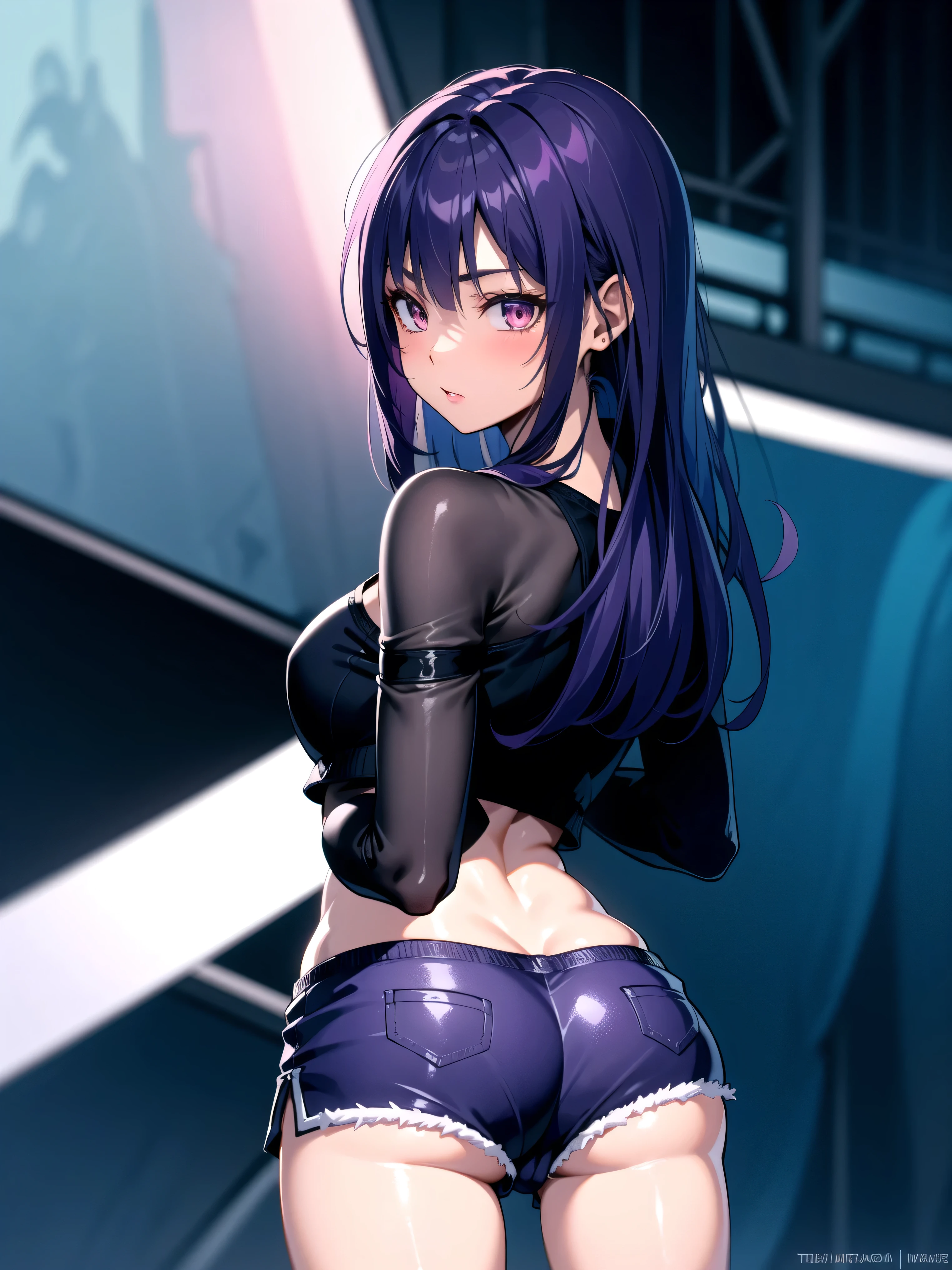 1girl,silver hair,dark skin,purple hair, dolphin shorts, pink shorts, looking back, ass, pantyshot,, masterpiece, best quality, highly detailed
