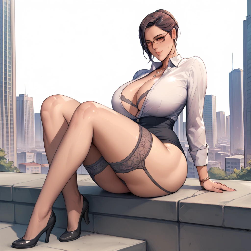 La mujer, poca ropa, camisa, camisa blanca, tacones, hig heels, gafas, glasses, medias, stockings, Ciudad moderna al fondo, las vegas penthouse, pool, noche, night, modern time, muy detallado, Realistic long-term photography., 4k, pelo largo, brown hair, By the chestnut, labios rojos,hood, capucha, brazalete, y,red lips, brown eyes, bigechos grandessts, thighhighs, nsfw, +18, Lucia Aud