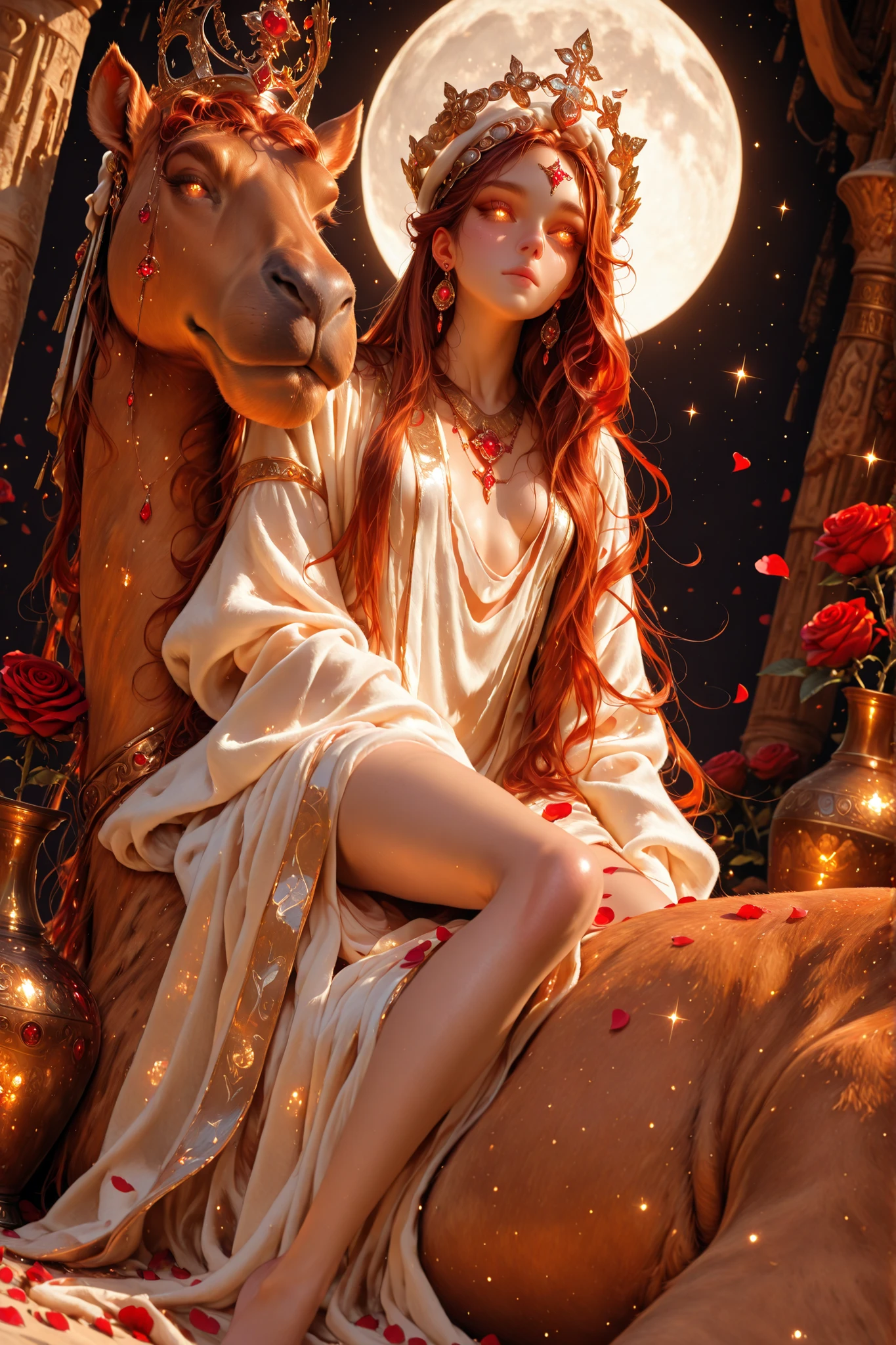 Masterpiece, best quality, amazing quality, absurdres, very aesthetic, lazypos, XUER guangying, dynamic angle, 1girl, a regal young duchess, skinny, slim, flat breasts,solo, long auburn hair, flowing hair, glowing auburn eyes, duchess crown, earrings, naked top high white priestess robe, rosy cover robe , jewelry adorned, jewelry headdress, red crystal necklace, relaxing pose, (( big camel\(camel, animal, huge size, mysterious, jewelry adorned, mystical)\)), vase desert , moon , rose petals, roses, epic, sparkle, particles, glowing, ember.