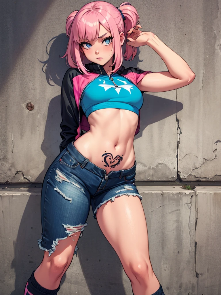masterpiece, best quality, 1 Girl, Solitary, Crop Top, Denim shorts, Necklace, (Graffiti:1.5), Paint splatter, Put your hands behind your back, Against the wall, Looking at the audience, armband, Thigh straps, Body paint, Head tilt, boring, Colorful hair, Aqua eyes, earphone,