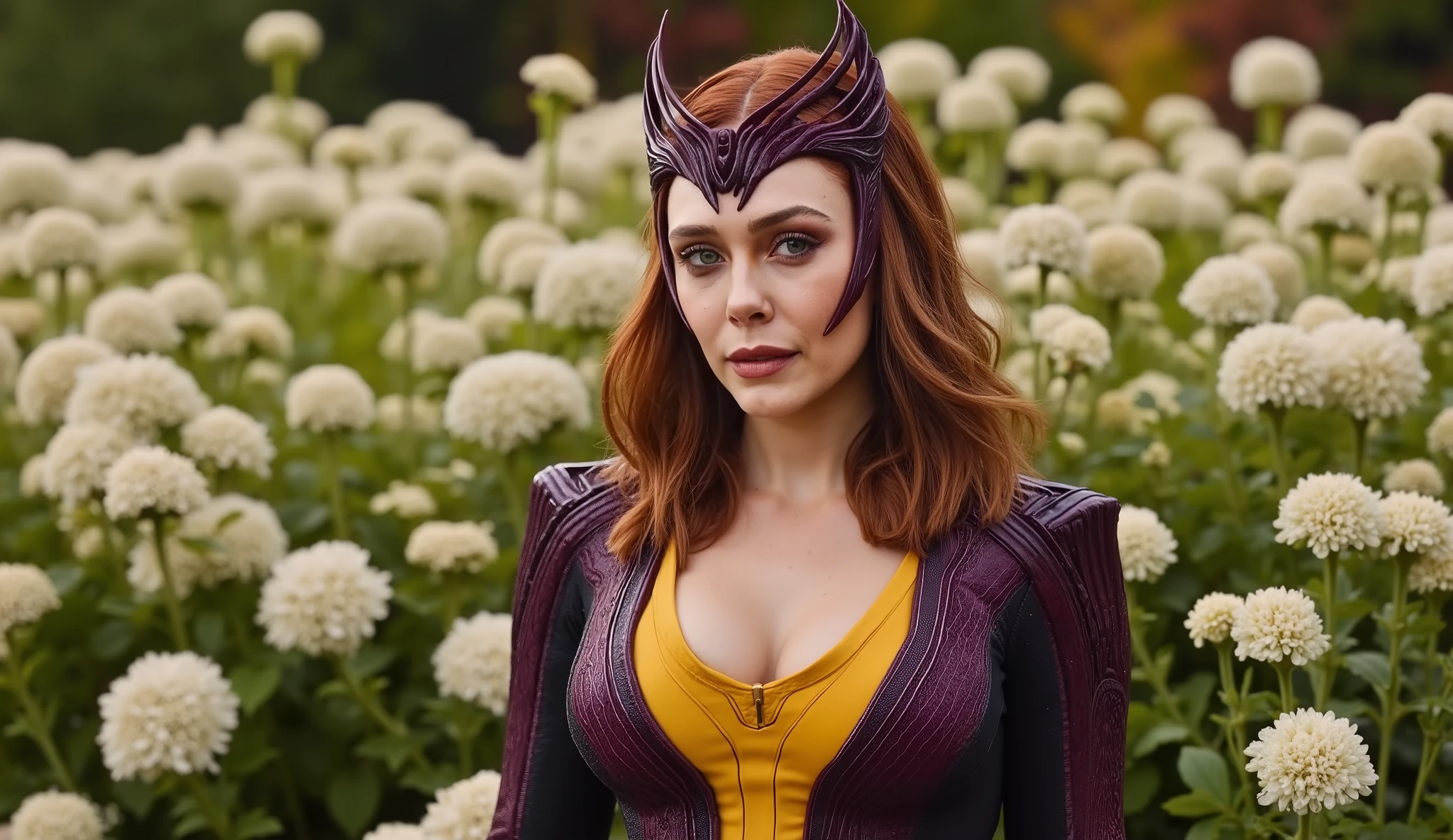 This image is a Wes Anderson Visual Style - Elizabeth Olsen wearing purple and yellow Scarlet Witch Costume with crown. in front of white flowers garden, big breast, visble cleavage, waist to head framing cinematic shot, shot by 200mm focal length, 32k, hyper realistic.