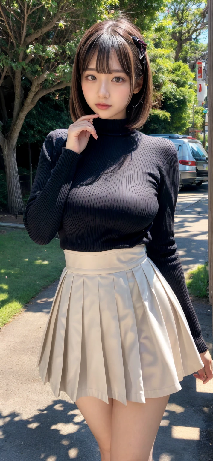 23 is a novel, wavy black hair、beige turtleneck sweater, plump nipples、long pleated skirt of dark blue color,medium milk, cute smile、beautiful necklace、black high heels、sexy lace panties、Visible shot of the whole body、on the grass in the park、Cute smile with upward glances、Spread your legs wide