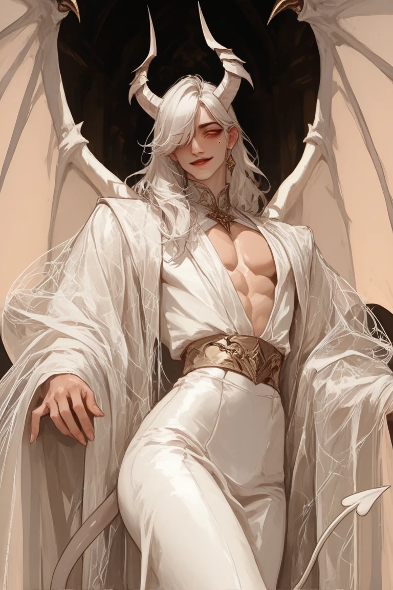 masterpiece, highest quality, solo focus, (perfect face:1.1), (high detail:1.1),dramatic, 1guy, (pale skin), long white hair, white eyes, solo, long hair, moon, night, white bunny suit, covered navel, pouty lips, devil, covered, roses, detailed background, bats and candy, cinematic lighting,