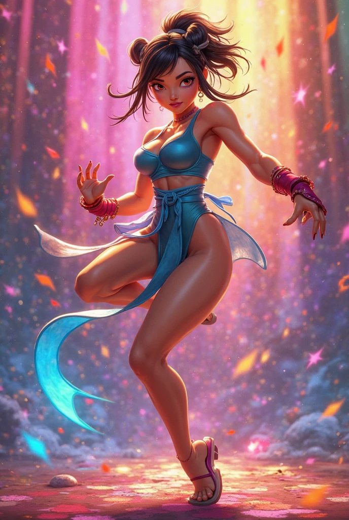 creates of a dancer in a dynamic pose,capturing the energy and passion of her performance against a vibrant,colorful backdrop. The scene is brought to life with realistic touches,emphasizing her strength,grace,and the fluidity of her movement.,<lora:GoodHands-beta2:1>,