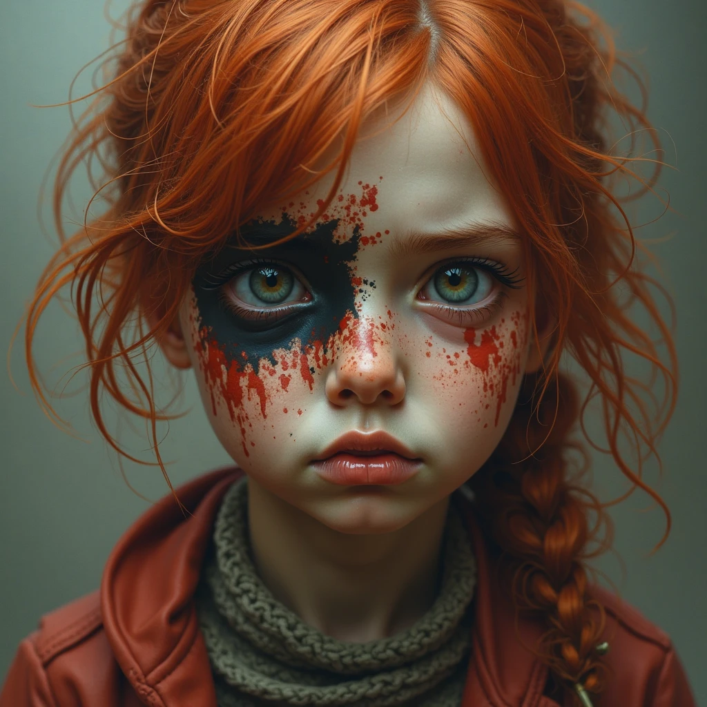A teenage male with red hair and one eye with an eye patch and the other green, with worn out vampire colored clothes 

