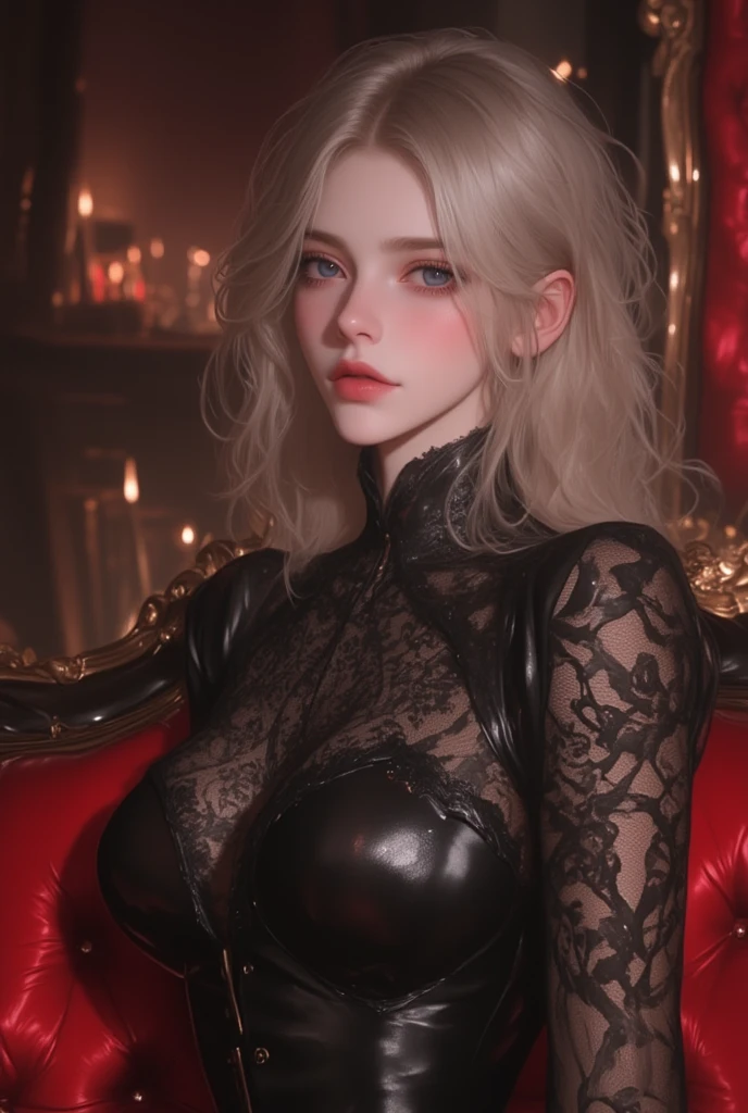Zerg Queen Beautiful Girl: Lanlinger, 18 years old, with short white hair styled in a wavy bob, depicted in an oil painting style. She has a beautiful perfect face with a beauty mark, soft skin, with light black and dark shades added. Lanlinger is standing with a provocative look, wearing a black dress with black horns and a deep neckline. She has a large bust, an hourglass figure (large hips, large bust, slim waist), and a wide mischievous smile, showing her teeth. She is holding one of her breasts seductively. She has European features and is surrounded by a dark glow. The background is completely black, highlighting her features. The image should capture complex details in 8k resolution, creating a masterpiece with a mysterious and magical atmosphere.