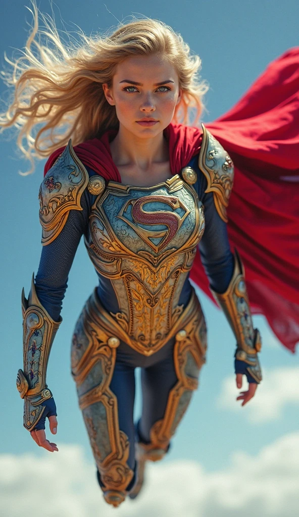 Supergirl in action pose, blond hair, perfect costume, traditional suit, traditional cape,smooth curves, beautiful face, space and planets in background