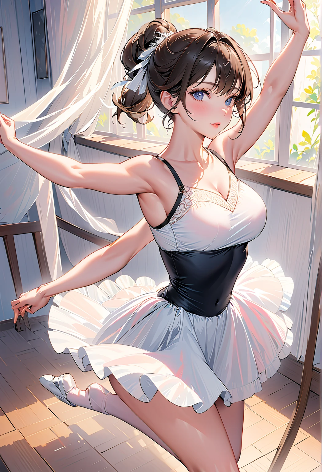 anime Illustration of a ballerina, white costume, tutu, camera perspective from underneath her thighs, showing pelvis, low shot, exposed thighs, raising arms and legs, underneath her tutu.