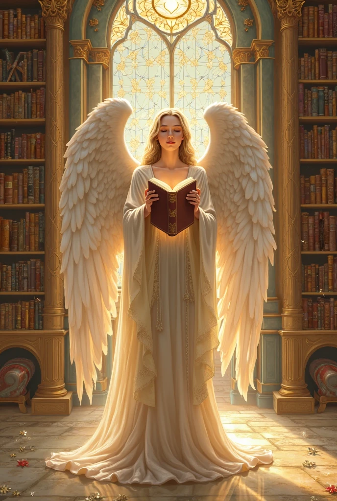 Ultra-realistic 8k CG, masterpiece, best quality, (photorealistic:1.4), absurdres, extremely detailed, real hair, life-like, horror scene, fantasy setting, dynamic pose, angel girl holding a bible, glowing halo, ornate robe, white wings,