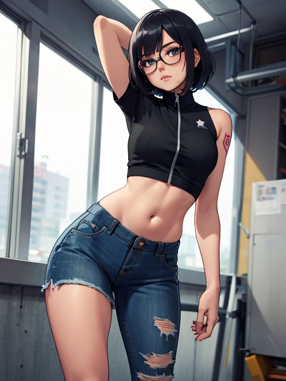 【Anime style】 [Masterpiece best image quality high-resolution adult woman] 1 girl [[Small breast, high leg T-back]] [Jacket, crop top, jeans, choker, glasses] [Beautiful face] Short hair, braid, collar, chiseled belly, glasses, glossy skin, wet skin, shy, outdoors, low angle, mouth closed, smiling, uru zzang-6500-v1.1, shallow depth of field, [stereoscopic fog], Cinematic lighting, reflections, 8K resolution, delicate and absurd, (highly detailed CG 8K wallpaper), (very delicate and beautiful), beautiful lighting, (masterpiece), (best) quality: 1.0), (ultra high definition: 1.0), photorealistic of the world's most beautiful artwork, professional majestic oil painting by artgerm, cutesexyrobutts, by Ed Blinkey, Perfect Lightning, [Sharp Focus], Bokeh, Realistic Shadows, [High Resolution], Trend, Detail Skin, (Masterpiece, Best Quality, High Resolution, Photo Reference: 1.1)), Ultra Detail