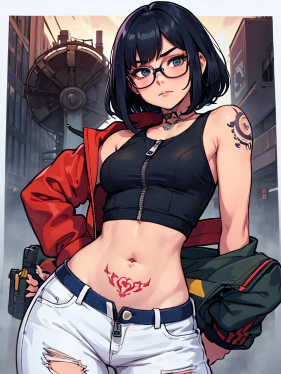 kyotopunk, cyberpunk, anime style, 1girl, woman, punk bad girl, cameltoe, [:wild, seductive costume design,:0.2], bombshell punk hair, neon sunset hair, U-cut, denim skirt, bombshell hair, neon crimson hair, french braids,Tri-Braided Bun, thick thighs, narrow waist, japanese