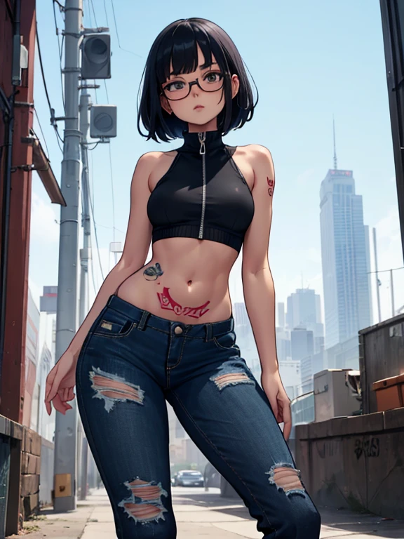 ((1girl)), one beautiful girl, detailed beautiful hair, detailed beautiful eyes, short black hair, glasses, black bikini top, jean shorts, standing, dramatic pose, cowboy shot, cinematic lighting, dramatic lighting,