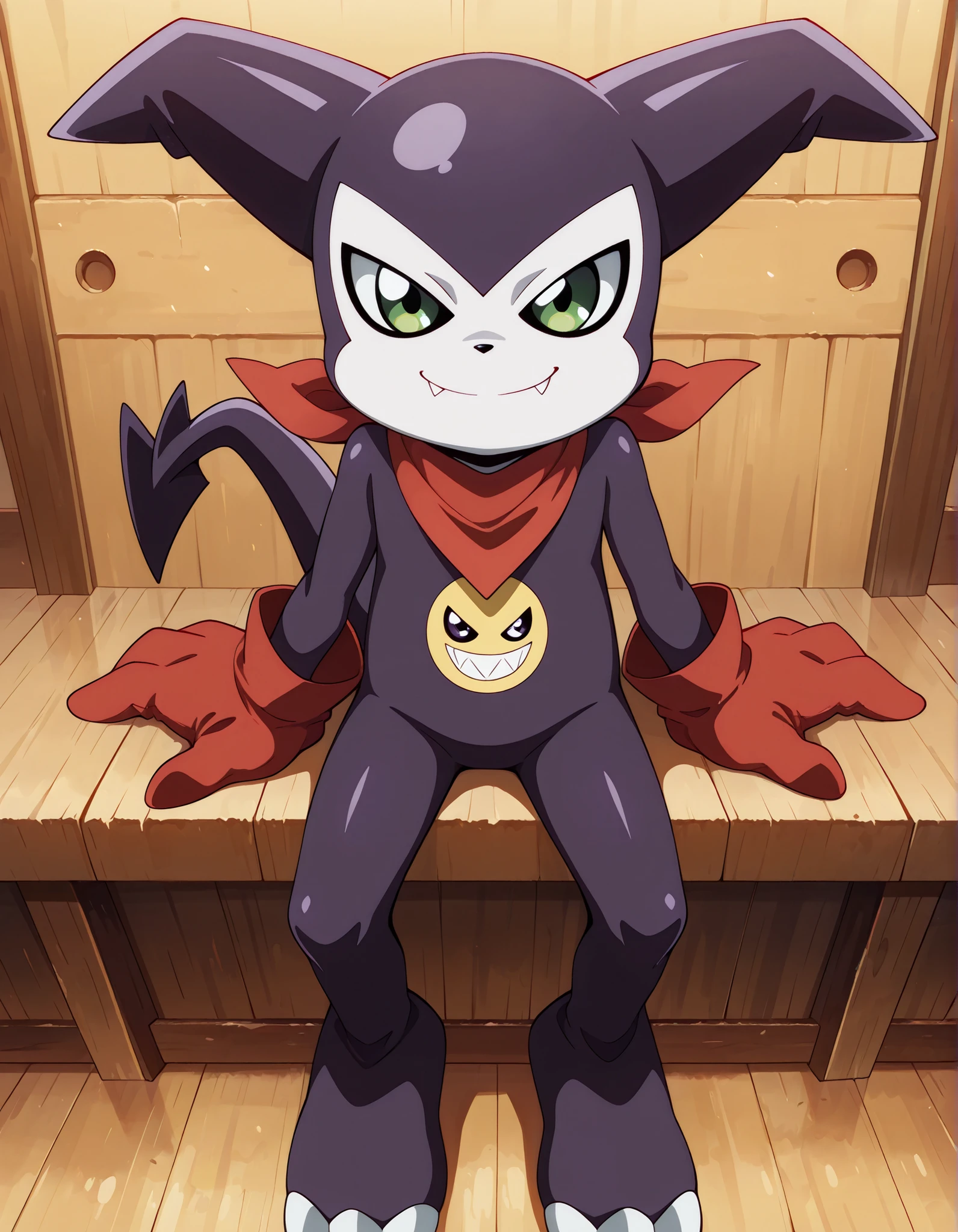 masterpiece, best quality, very aesthetic, absurdres, anime coloring, 1boy, male, impmon, solo, full body, no humans, demon, purple skin, white skin, multicolored skin, tail, green eyes, red gloves, digimon (creature), bandana around neck, looking at viewer, smile, fang, sitting,