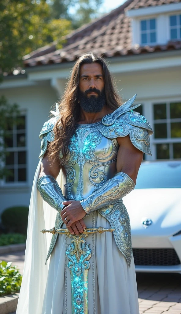 A tall, muscular male renaissance knight with long, messy, curly golden brown hair. He has hazel eyes and he is smiling. He is wearing tight, skimpy silver armor with a indigo cape, indigo thong, and indigo gloves. He has a bulge, he has big nipples, and he has a hairy chest. He has hairy legs. He has a hairy stomach. He has hairy arms. His hands are on his hips. He is standing in front of a beautiful medieval castle. He is carrying a sword and shield.
