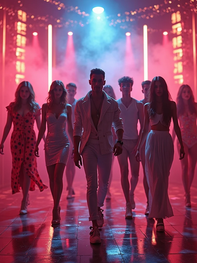 Design a scene featuring Ethan Alexander Paull, a 1 UK drill rap artist with a dark, sexually appealing edge. He performs at a renowned club, surrounded by semi-nude, alluring women who amplify his menacing and seductive aura. His presence commands attention, with his name displayed prominently behind him on a large screen, highlighting his status and influence in the music scene. The club is alive with energy, reflecting his intense and charismatic persona.
