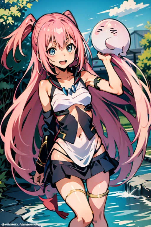 original character,8K, masterpiece, highest quality,16 years old,Alone,pink eyes,pink hair, long hair,鋭いteeth,big breasts,(Show belly,Naked belly),(Only white Serafuku,sleeveless,black collar),(cleavage),(Japanese school white skirt),barefoot,elf ears,blush,((standing at noon,in the meadow)),fantasy meadow background,white skin,colored skin,crazy eyes,crazy smile, face with shadow,yandere, yandere trance,teeth,closed mouth,whole body,頭とwhole body,(Wearing white short boots),((yandere)),((evil smile)),grin and laugh,
