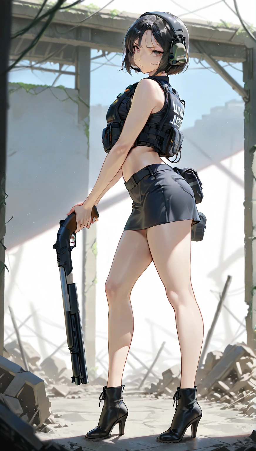 (plain background:1.2) (8k, best quality, masterpiece:1.2) (realistic, photo-realistic:1.37) (full body) 1female solo girl, standing straight symmetrical contrapposto 2legs apart (wide stance) ultra detailed, cute (beautiful detailed eyes) (smile:1.2) (closed mouth) (red cheeks) sharp focus, view from below depth of field, good composition, very long straight WHITE SILVER hair, hair bang ((red eyes)), intricate, bokeh (Tetsuya Nomura style) perfect knockers, white tank top, black thong, suspenders, red gloves gauntlets, white stockings, toned body, athletic, wide hips, thin waist, toned arms, exposed abdomen, abs toned, navel, big belly button belt
