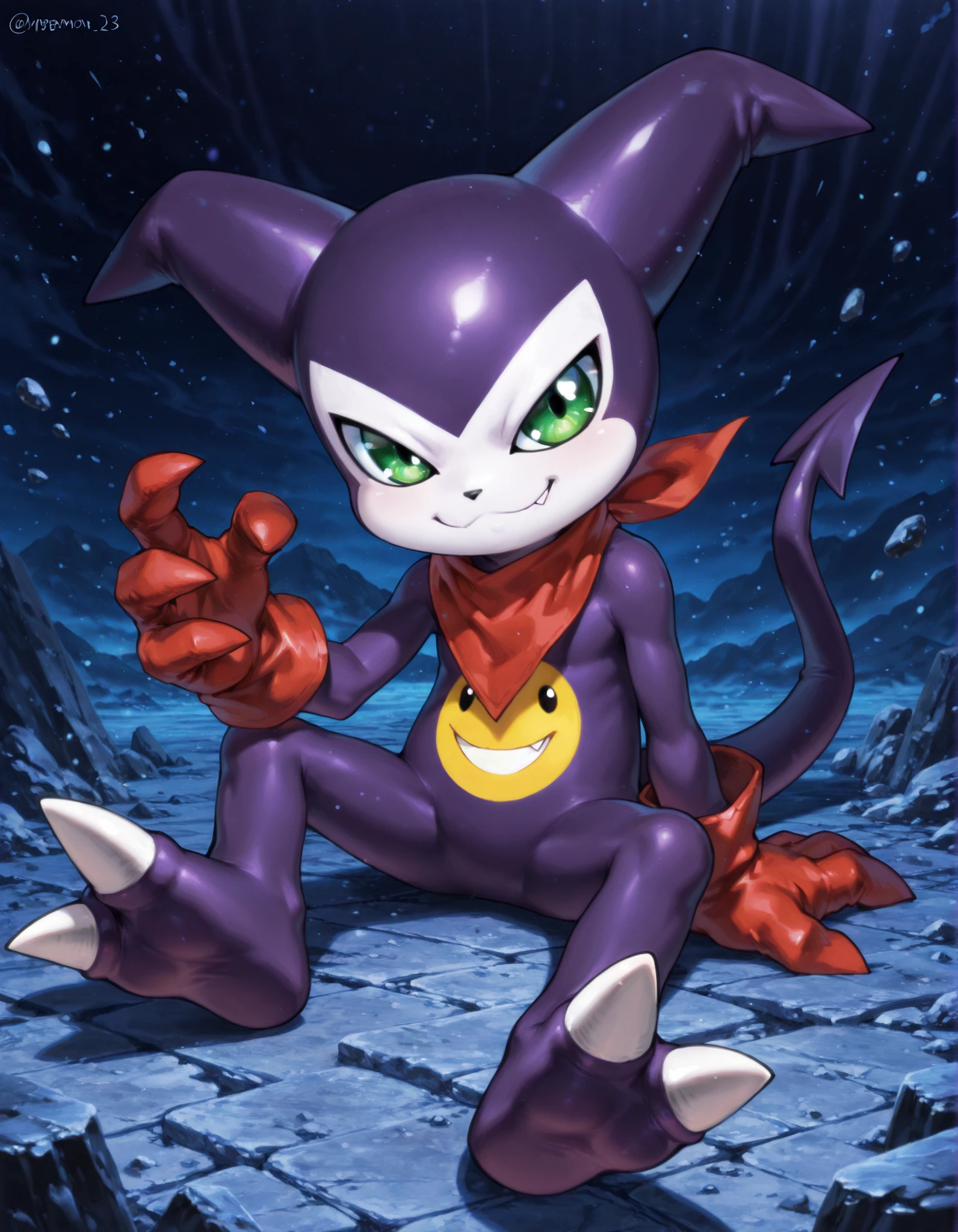 masterpiece, best quality, very aesthetic, absurdres, anime coloring, 1boy, male, impmon, solo, full body, no humans, demon, purple skin, white skin, multicolored skin, tail, green eyes, red gloves, digimon (creature), bandana around neck, looking at viewer, smile, fang, sitting,