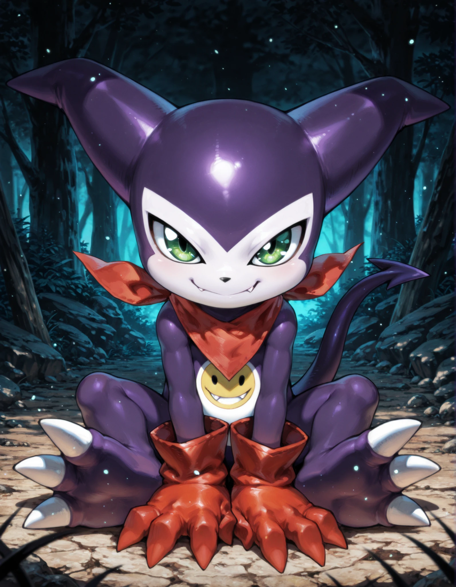 masterpiece, best quality, very aesthetic, absurdres, anime coloring, 1boy, male, impmon, solo, full body, no humans, demon, purple skin, white skin, multicolored skin, tail, green eyes, red gloves, digimon (creature), bandana around neck, looking at viewer, smile, fang, sitting,