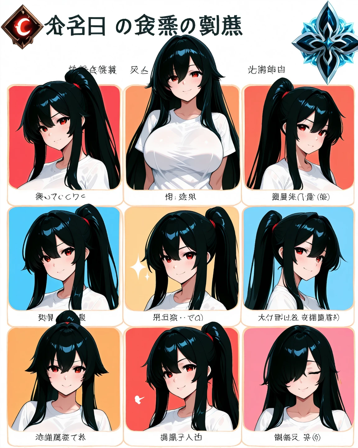 girl muscular thick pale skin black hair ultra detailed eyes huge breasts toned body embarrassed blush very long hair yellow eyes reference chart