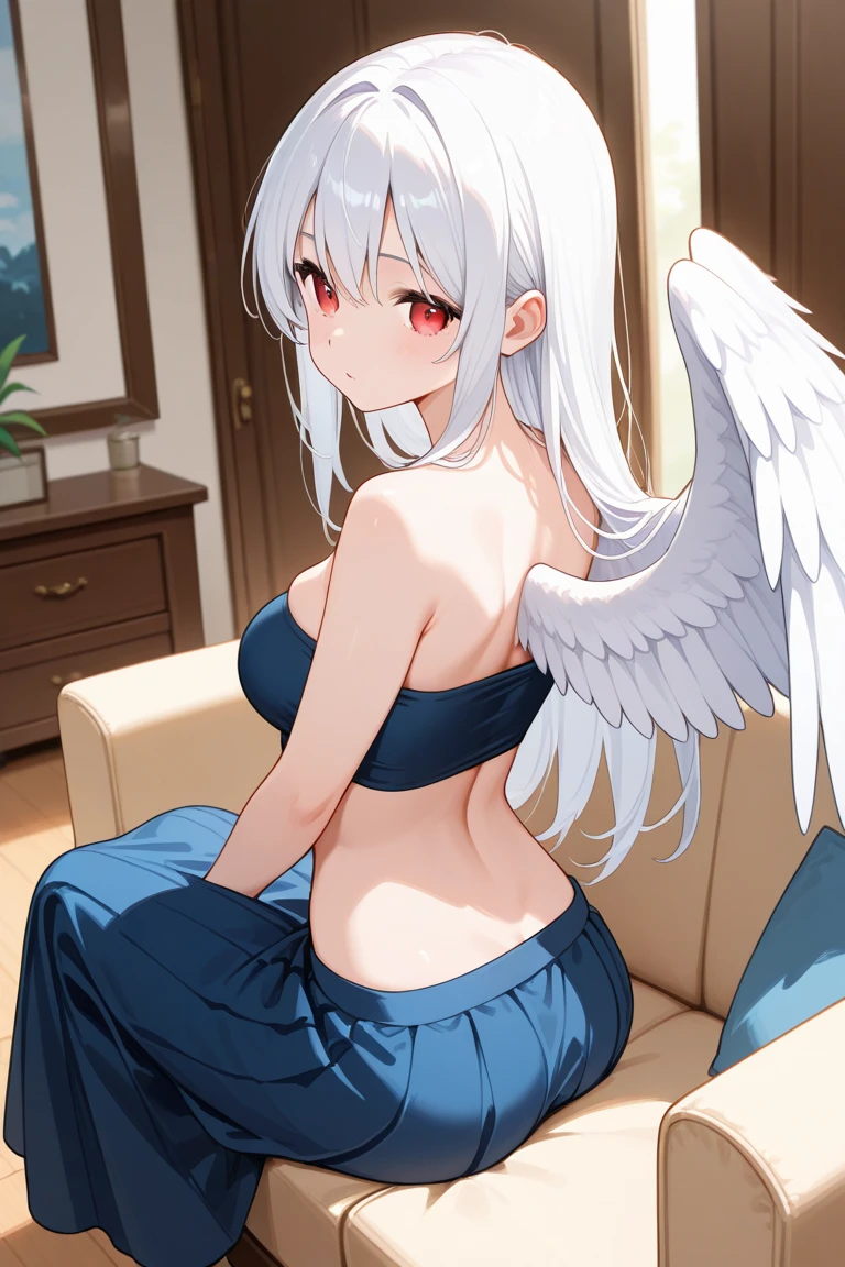 jibril,1girl,alone,solo,entire body,extending one's legs,put hand on one's waist,lie on one's flank,lie on one's waist,frontal one's big breasts,put hand on one's cheek,looking at viewer,lie down on bed,anatomically correct posture,white wing,compass rose halo,[groin],panty,shiny skin,lanky,wear pink legwears,wide angle,eyes widen,shy,smile,gradetion hair
