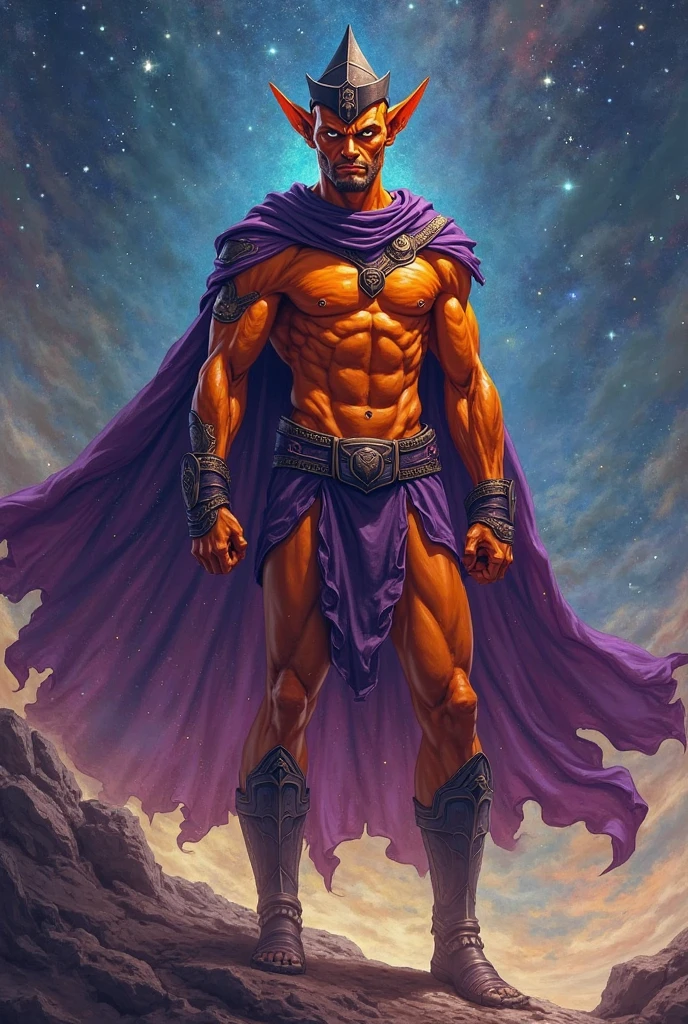 Chris Hemsworth with gorgeous blue eyes, shirtless with no pants on wearing a red cape with a thick large rainbow jockstrap hairy legs, sweating, detailed face with clean lines, with a cosmic space nebula background