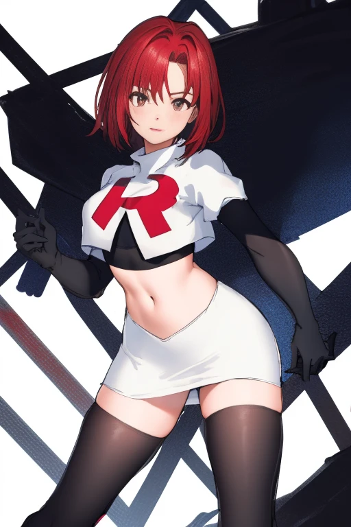 rio, red hair、short hair、black bra、pantyhose、Photo from below、medium chest、Bedroom、((Coat of arms under the belly button))、((Obscene lines))