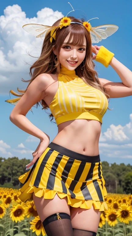 highest quality、8k、No makeup、masterpiece、Ultra-high resolution、Clear photos、Realistic、Professional Lighting、Very cute girl、So cute!:1.8、Cheerleader:1.8、smile、Large erect nipples:1.2、Ultra slim、Tight waist、Slender body、Thin legs、Brown Hair、smile、Field、Under the blazing sun、タイトなCheerleaderのユニホームを着て:1.8、、mini skirt:1.8、Jump towards the camera:1.8、Jump High:1.8、Skirt flipped up:1.8、She gets excited and shows off her white panties:1.8、Full body photo:1.4