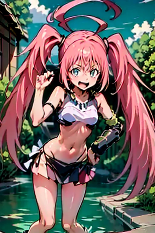 masterpiece, <lora:milimNava235Character_v11:1>, milim nava, tensei shitara slime datta ken, solo, :d, big smile, fang, sidelocks, pink hair, long hair, navel, asymmetrical legwear, bangs, best quality, outdoor, [focus]