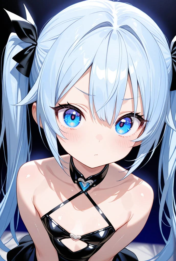 cute,Highest quality,Woman wearing lace-limited lingerie,,Large Breasts,Twin tails,bonnet,Blue Eyes,Shy face,cute eyes,puffy eyes,