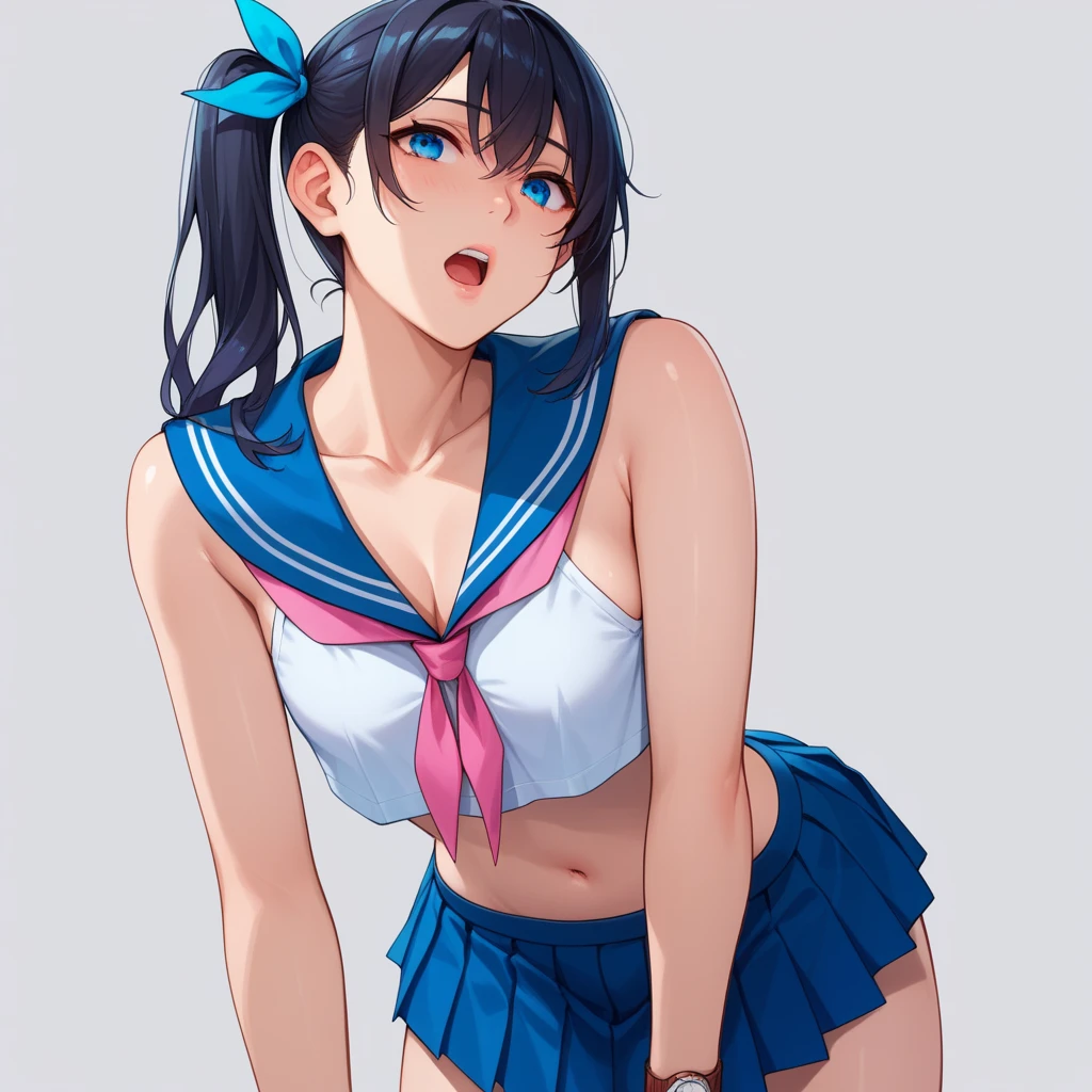 (masterpiece, highest quality, ultra high res, ultra detailed:1.3), 1 cute girl, ideal ratio body proportions, 17 yo, blue medium hair, high ponytail, sailor suit, , clothes covered nipples, blue pleated mini skirt, (white panties, high kicking the viewer:1.4), angry look, cameltoe, dynamic angle, classroom,