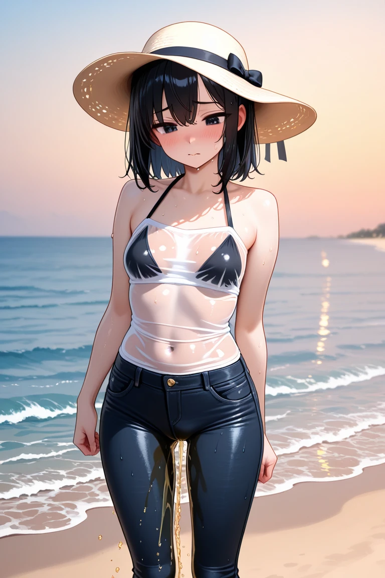 Furry girl, dalmatian dog, cute hair, sitri hairstyle, black hair, blue eyes, small breasts, detailed body fur, ((blue frilly bikini)), masterpiece, looking at you, detailed face, big eyebrows, detailed eyes, detailed body, detailed hands, glistering body, shiny body, skinny, :3, floppy dog ears, full body, feets whit three toes, 3 toes, beach, clear sky,