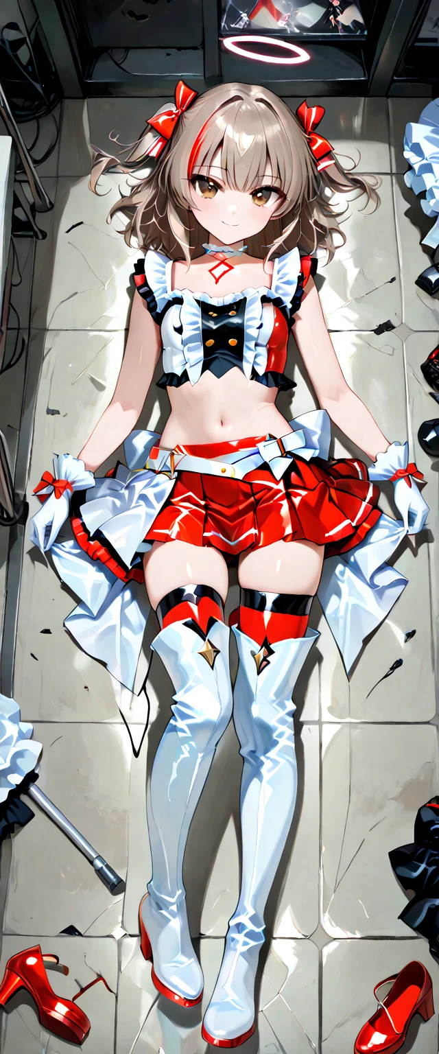 (((1 girl))) short hair, earings ,glossy lips ,team rocket uniform, red letter R, white skirt, white crop top, black thigh-high boots, black elbow gloves, evil smile, looking at viewer, cowboy shot, arms crossed, full body photo Mercedes von Martritz (Fire Emblem: Three Houses)