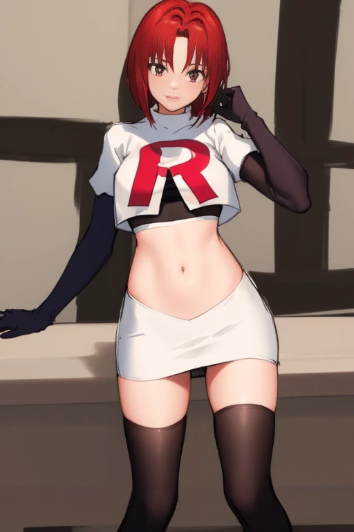 High resolution,8K, Detailed anatomy 
(Misty_Pokemon)(18-year-old girl)
(,Orange Hair,one side up hair,Big green eyes,Small breasts,Skinny, girl attractive, cute smile)
(,Belly button exposed) team rocket uniform, red letter R, black skirt, black crop top,black thigh-highs,black elbow gloves, looking down on viewer, cowboy shot, posing, night sky background