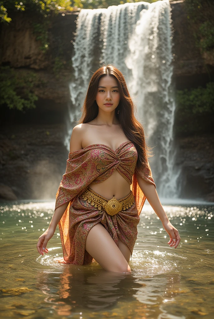 woman wearing two-piece sari，Posing for photos, Indian, beauty goddess, Gorgeous role play, Indian style, indian super model, Beautiful maiden, gorgeous woman, Southeast Asia long, provocative Indian, gorgeous,beauty,woman, Complex clothing, beautiful asian girl, Very detailed shot of the goddess, Expression of enjoyment，My whole body is wet with water droplets，The clothes are soaked and the skin is looming，Amazing beauty, Big deep cleavage sexy navel, ,full-body shot