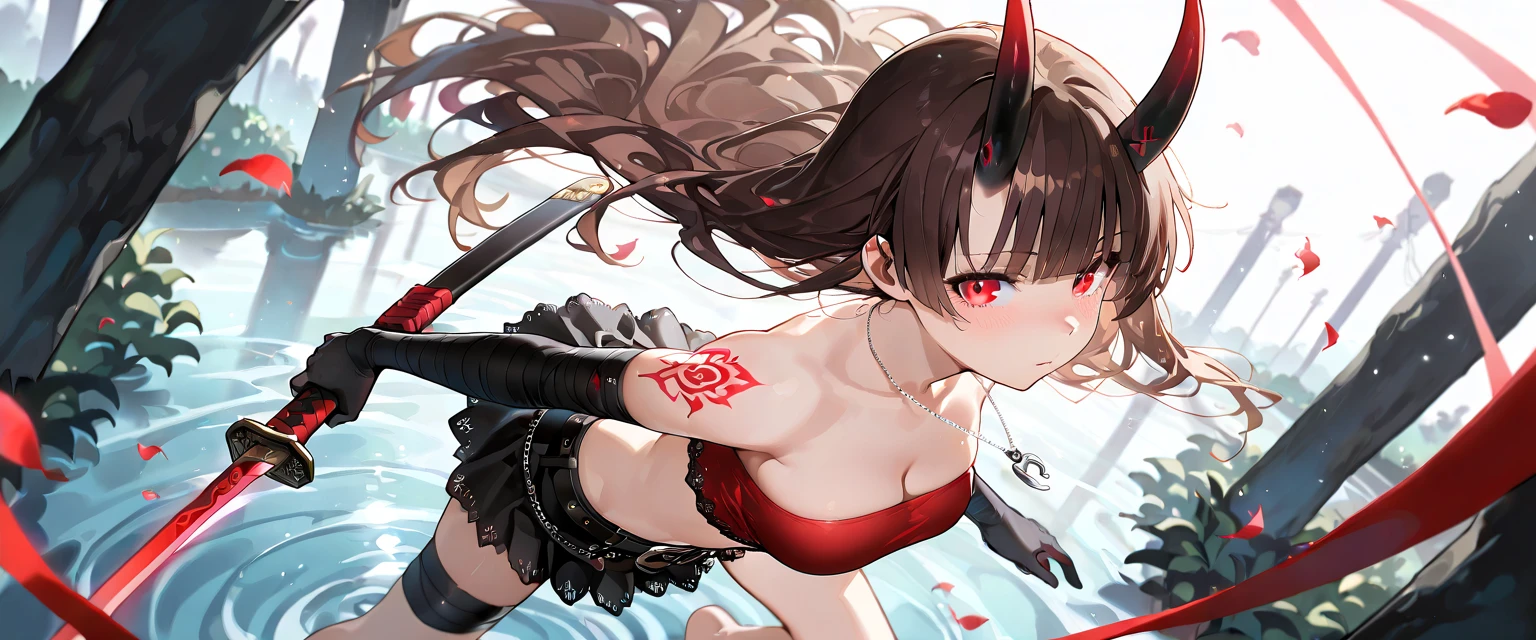 (1 demon girl), front lighting, demon horns, armored knight suit, detailed face, standing in beach during summer, black hair (multicolored hair), black hairpins, (blushing: 1.5), open mouth, hand unbutton her shirt, hand groping her breast, heart eyes, front lighting, 8k, masterpiece, ultra HD,