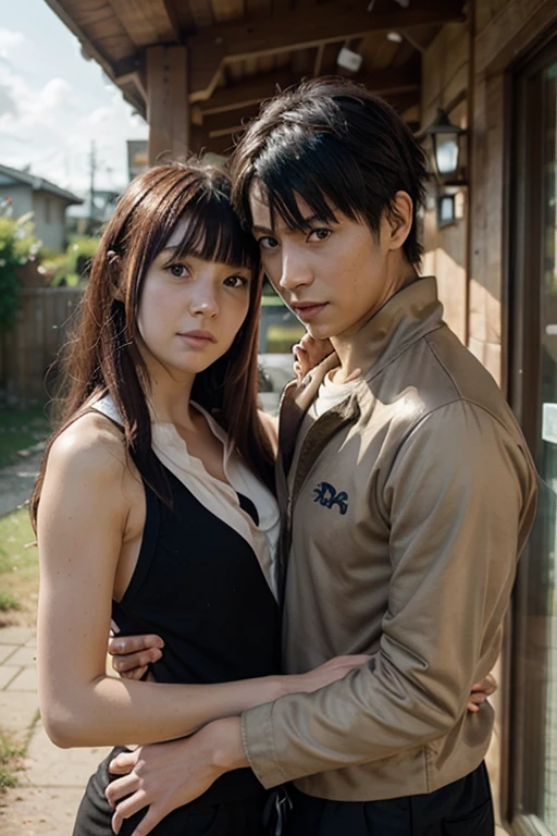 Night，A boy and a girl standing together，In the Shower，Long-range shooting，(Original Photography:1.3)，athlete，1 Girl, Perfect body, Beautiful face，Very detailed details of the face，Messy black hair, Smart eyes，Sweating，Cleavage，Track and field wear, sports Shorts，Long legs，sports shoes，Soaked，Standing，Lift up your skirt