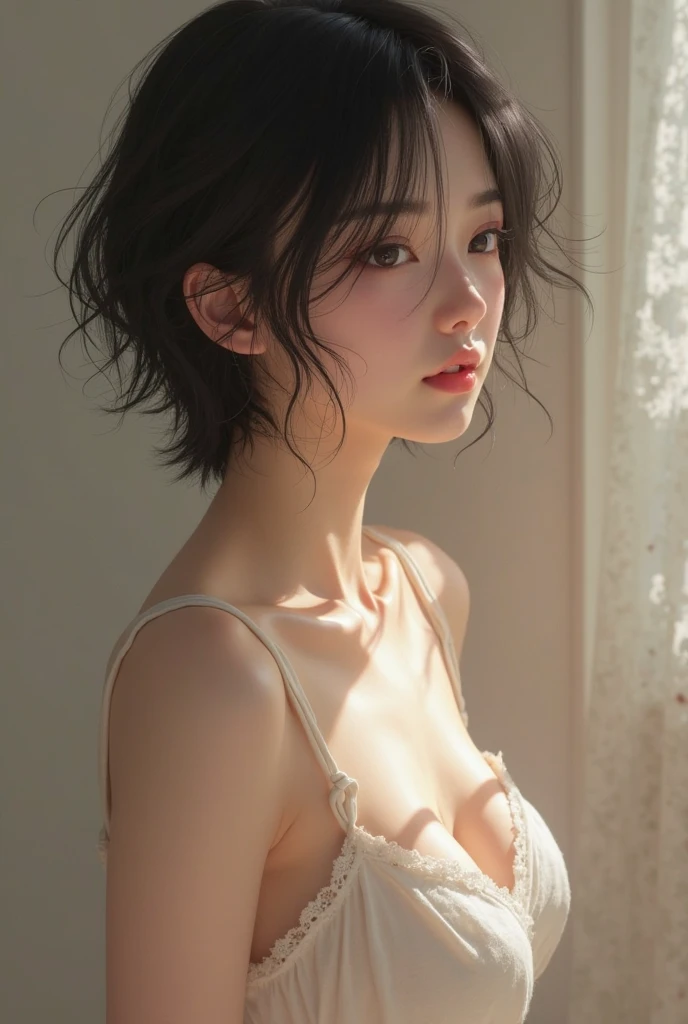 Best quality, masterpiece, ultra high res, (photorealistic:1.5), raw photo, 1girl, offshoulder, in the dark, deep shadow, low key, cold light, sexy look, short hair