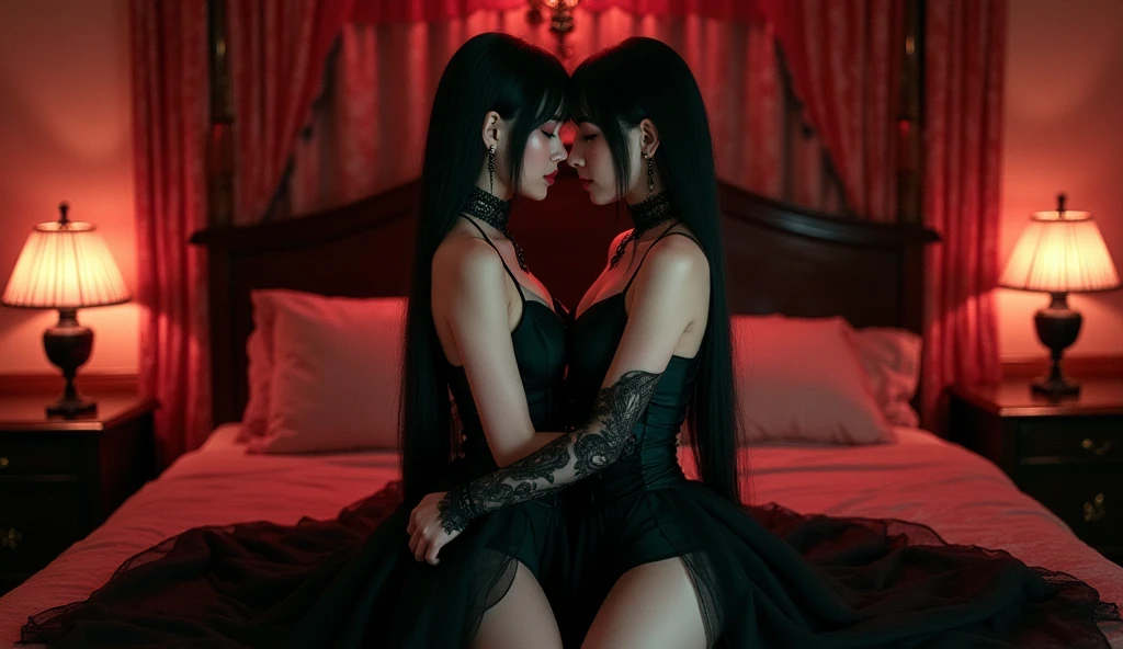 two girl kissing, see her ass,(bright lighting,romantic setting),dreamy background,,dark hair, mesmerizing gaze, , soft skin, alluring beauty, artistic portrait, high-quality image, vibrant colors,translucent black long silk gown, mosquito net, lying down, romantic bedroom, veil