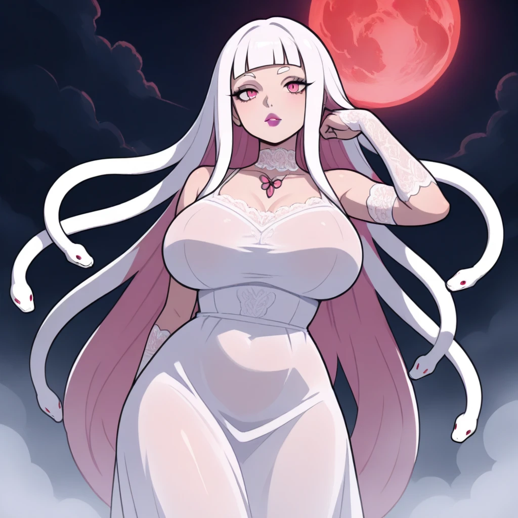 Masterpiece, Very detailed, Ultra-detailed, One, 8k, mature milf - full body view, provocatively showing off body, provocotively showing off curves, alluring, butt, ass crack, showing off asshole, with flawless perfect skin and mature body, fully soaked wet skin, pussy juice, long glowing white hair, blushed and seductive body and face, white long eye lashes, personification of beauty, goddess, seductive red eyes and women's bright pink colourful bra lingerie, with huge breasts and thick thighs, around the moon and stars, terrible and terrifying atmosphere, dark atmosphere,