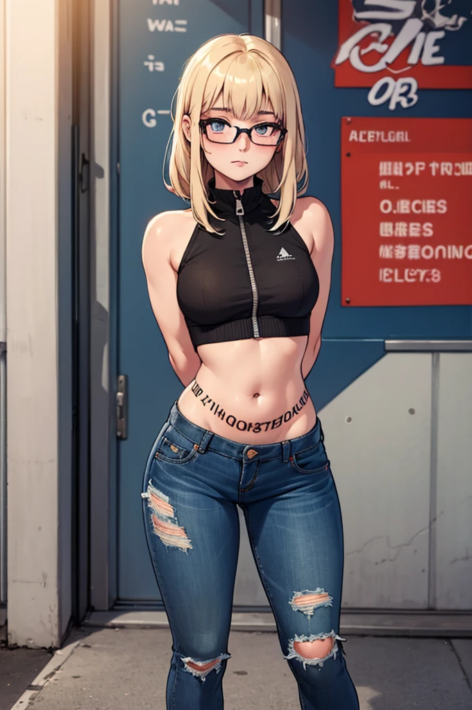 ((1girl)), one beautiful girl, detailed beautiful hair, detailed beautiful eyes, short blonde hair, glasses, black bikini top, jean shorts, standing, dramatic pose, cowboy shot, cinematic lighting, dramatic lighting,