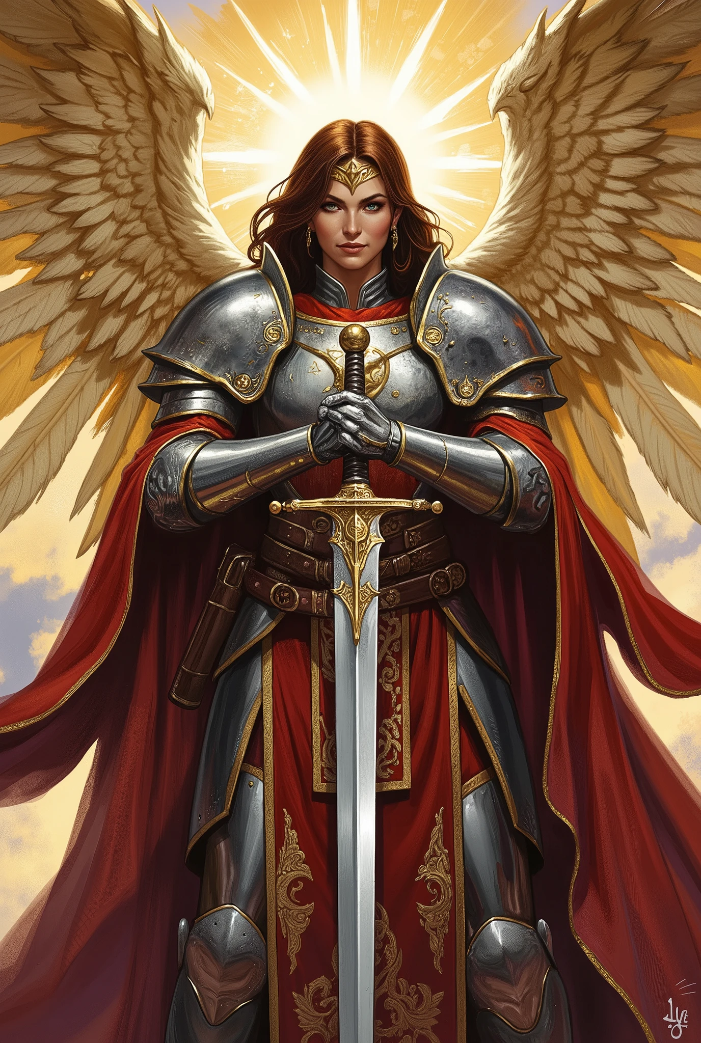 High Fantasy Art, D&D Official Style, Epic Heroic Character, Celestial Warrior, Dynamic Pose, Ultra Detailed, High Resolution, Metallic Reflections, Ornate Armor, Divine Light, Red and Gold Fabric, Legendary Paladin, Angel Wings, Cinematic Lighting, Majestic Composition, Powerful Aura. An epic fantasy illustration, inspired by the artistic style of the official Dungeons & Dragons 2025 books, with highly detailed painting and refined lines. The art should capture the imposing Eleonora Astraeus, an aasimar paladin of Tyr, highlighting her angelic presence and absolute authority on the battlefield. Character Composition and Position: Dynamic and heroic pose, where Eleonora is completely visible, revealing every detail of her armor and equipment. Her golden angelic wings fully expanded, creating a powerful and symmetrical visual effect. Posture of authority, with her greatsword Star of Justice held firmly in both hands, the blade facing downwards, radiating a celestial glow. The red cape flows in the wind, giving depth and movement to the composition. Artistic Details:
Artistic style following the visual style of the D&D 2025 books, with detailed realism and dramatic lighting. High definition and high resolution, with refined textures and rich details on the armor. Well-defined lines, evoking the visual impact of iconic RPG illustrations. Balanced composition, ensuring that all visual elements are well distributed. Armor and Equipment Design: Full plate silver with gold ornamentation, reflecting light softly to give depth and shine to the metal. Red ceremonial tabard with refined white patterns, over the breastplate, conveying his high-ranking position among the devotees of Tyr. Split cape, flowing in the wind, with gold edges and Tyr's coat of arms embroidered on the back. Star of Justice greatsword, with silver blade with gold filigree and symbol engraved on the pommel. Golden celestial diadem,
