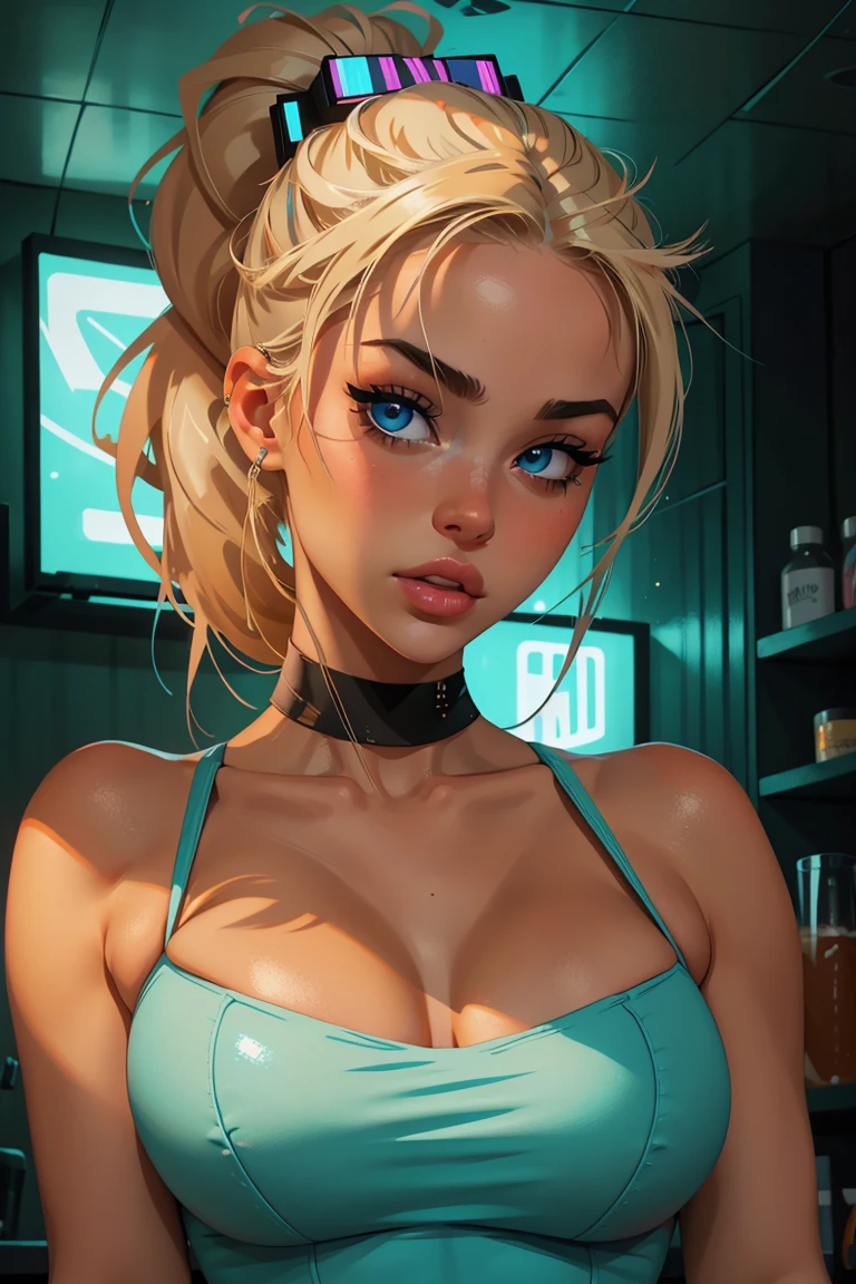 (best quality: 1.2), clean face, (masterpiece: 1.2, 8k) perfect anatomy, 1girl,a beautiful fashion model ,(masterpiece, official art, best quality  shiny hair, blonde hair with streaks in hair, full lips,  big breasts, slutty outfit, cleavage, shiny skin, looking at viewer, (cyber bikini), long abdomen