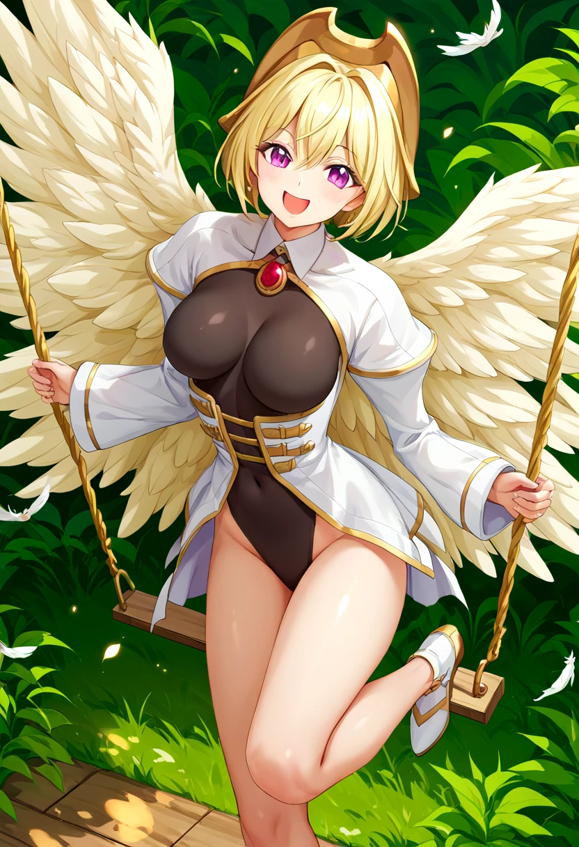 best quality,1girl,((big breasts:1.3)),curvy,orgasm,blush,blonde hair,short hair,angel wing,aunty,white dress, cleavage, sleeveless, ribbon, gold trim, armlet, elbow gloves,((lift skirt,upskirt,white panties,lace panties)),thighhighs,pussy juice,forest,forest林,walking
